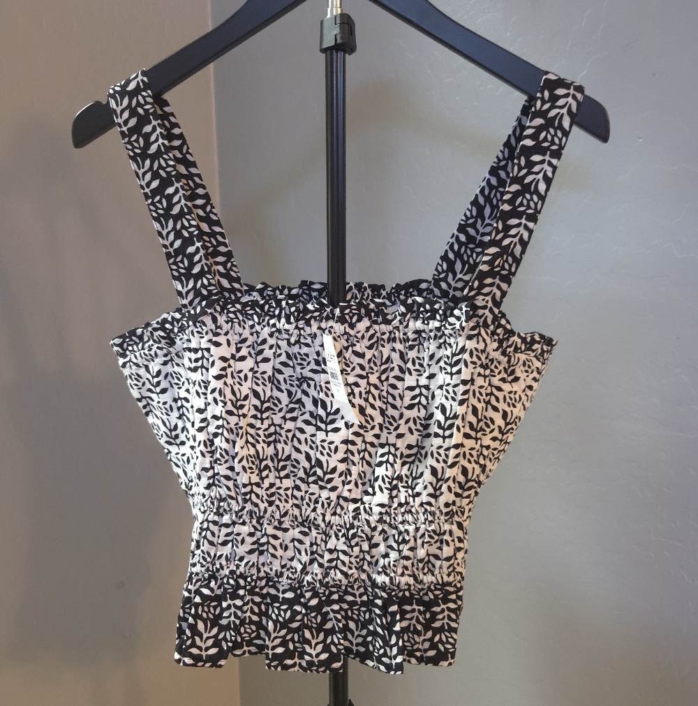 LOFT Floral Plaid Peplum Cami Smocked Bodice Black & White Size M NWT